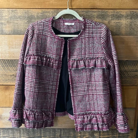 Plaid Ruffle Trim Blazer Jacket Pink Black and White Plaid Size M (Pleione) - Picture 6 of 16